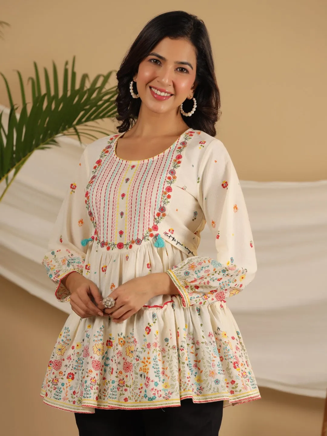 Jashvi Women Off-White Floral Printed Cotton Peplum Tunic With Thread Embroidery