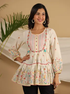 Jashvi Women Off-White Floral Printed Cotton Peplum Tunic With Thread Embroidery