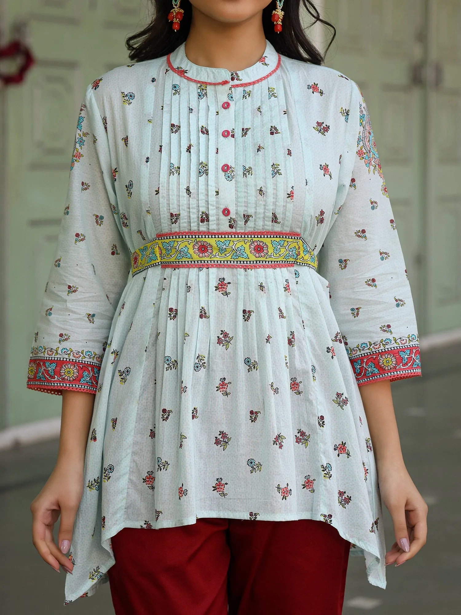 Jashvi Women Sky Blue Cotton Floral Printed Lacy Peplum Tunic With Tie-Up At Back