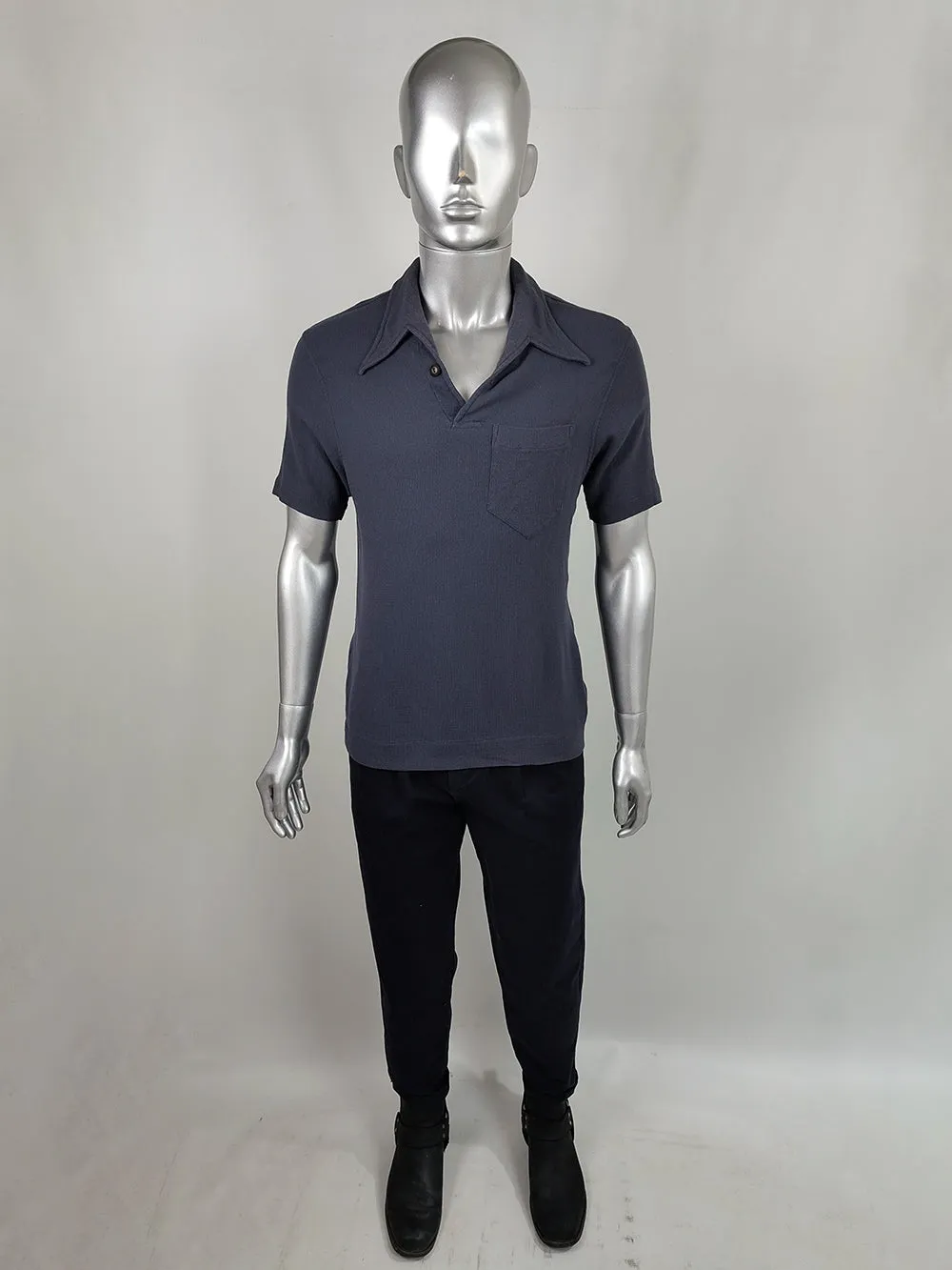 Joe Casely-Hayford Vintage Mens Greyish Navy Blue Knit Polo Top, 1990s