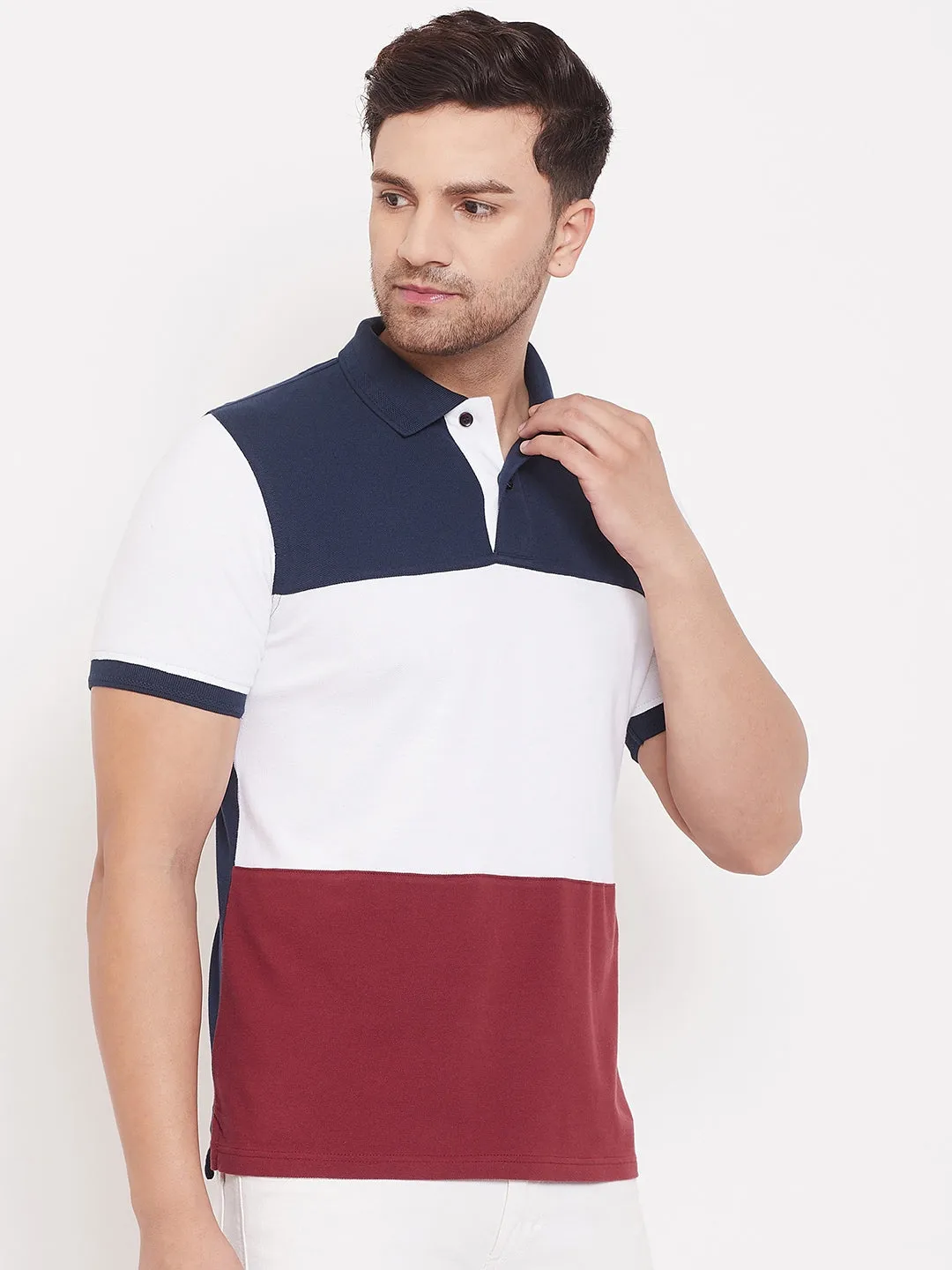 JUMP USA Men Colourblocked Navy Blue & Red polo T-shirt