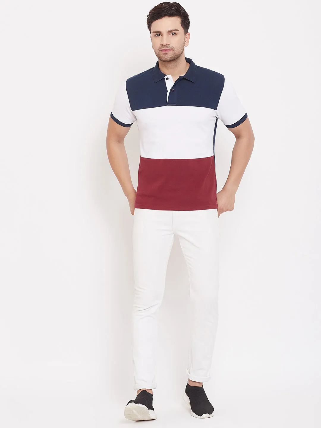 JUMP USA Men Colourblocked Navy Blue & Red polo T-shirt