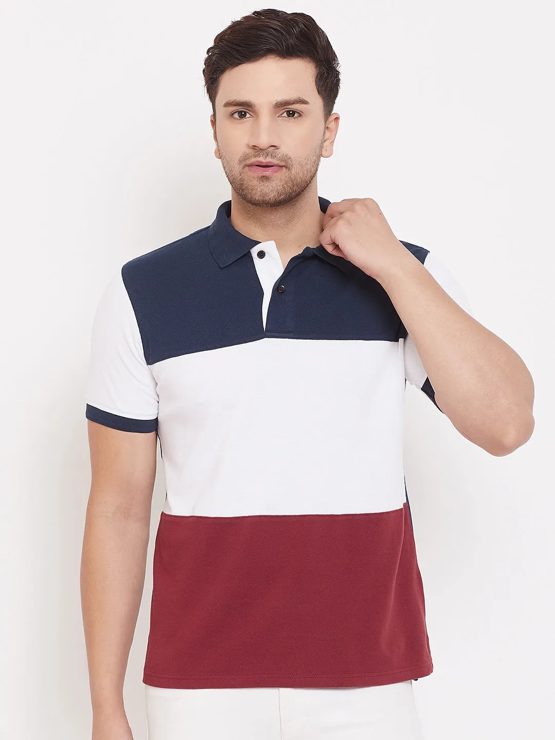 JUMP USA Men Colourblocked Navy Blue & Red polo T-shirt