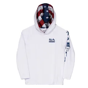 Kids Hooded Performance Long Sleeve Shirt | White | Inner Hood American Flag