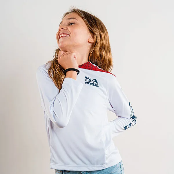 Kids Hooded Performance Long Sleeve Shirt | White | Inner Hood American Flag