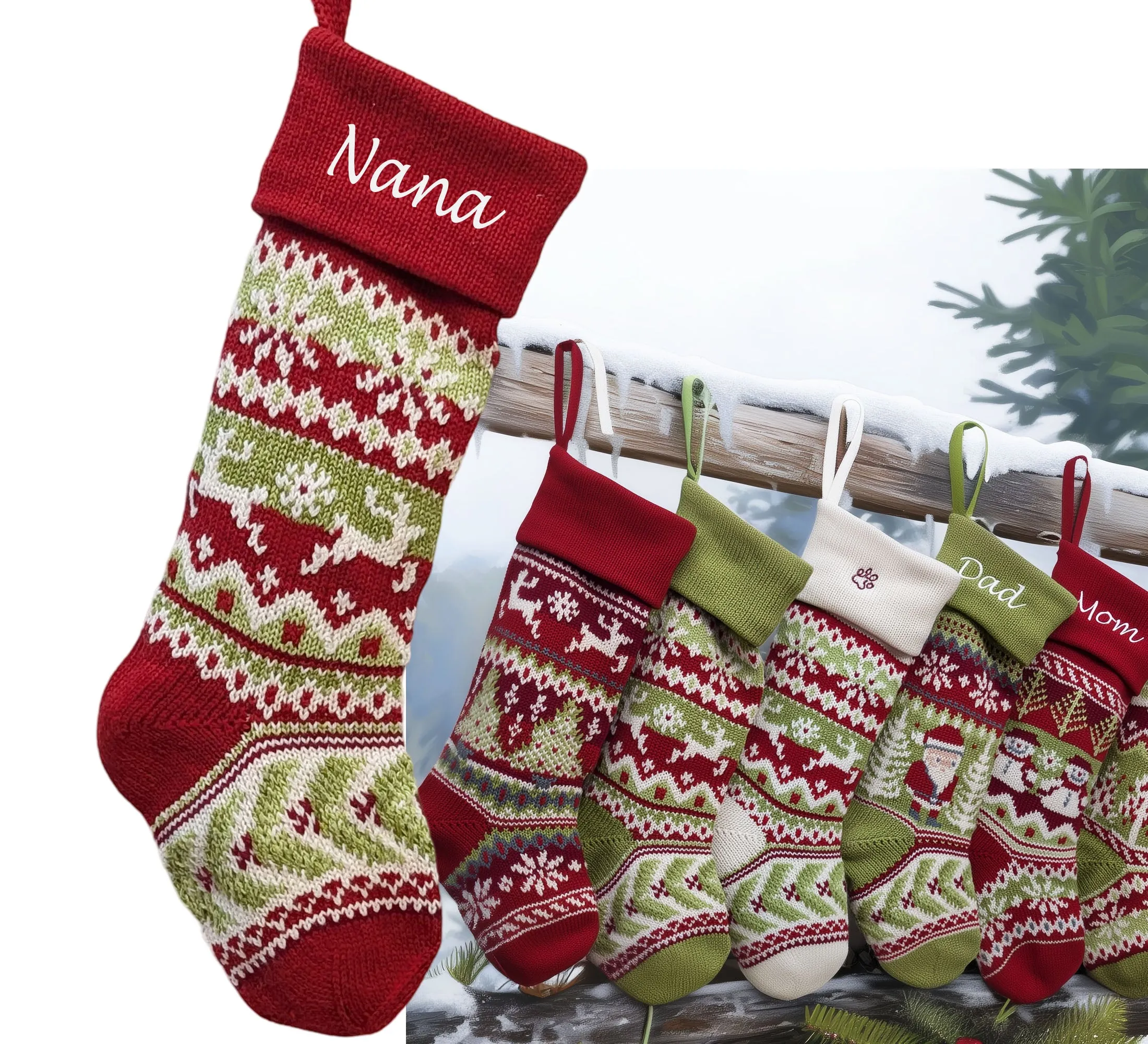 Knit Christmas Stockings Personalized 23" Fair Isle Knitted Deer, Snowflake, Santa, Snowman Custom Holiday Intarsia Family Names