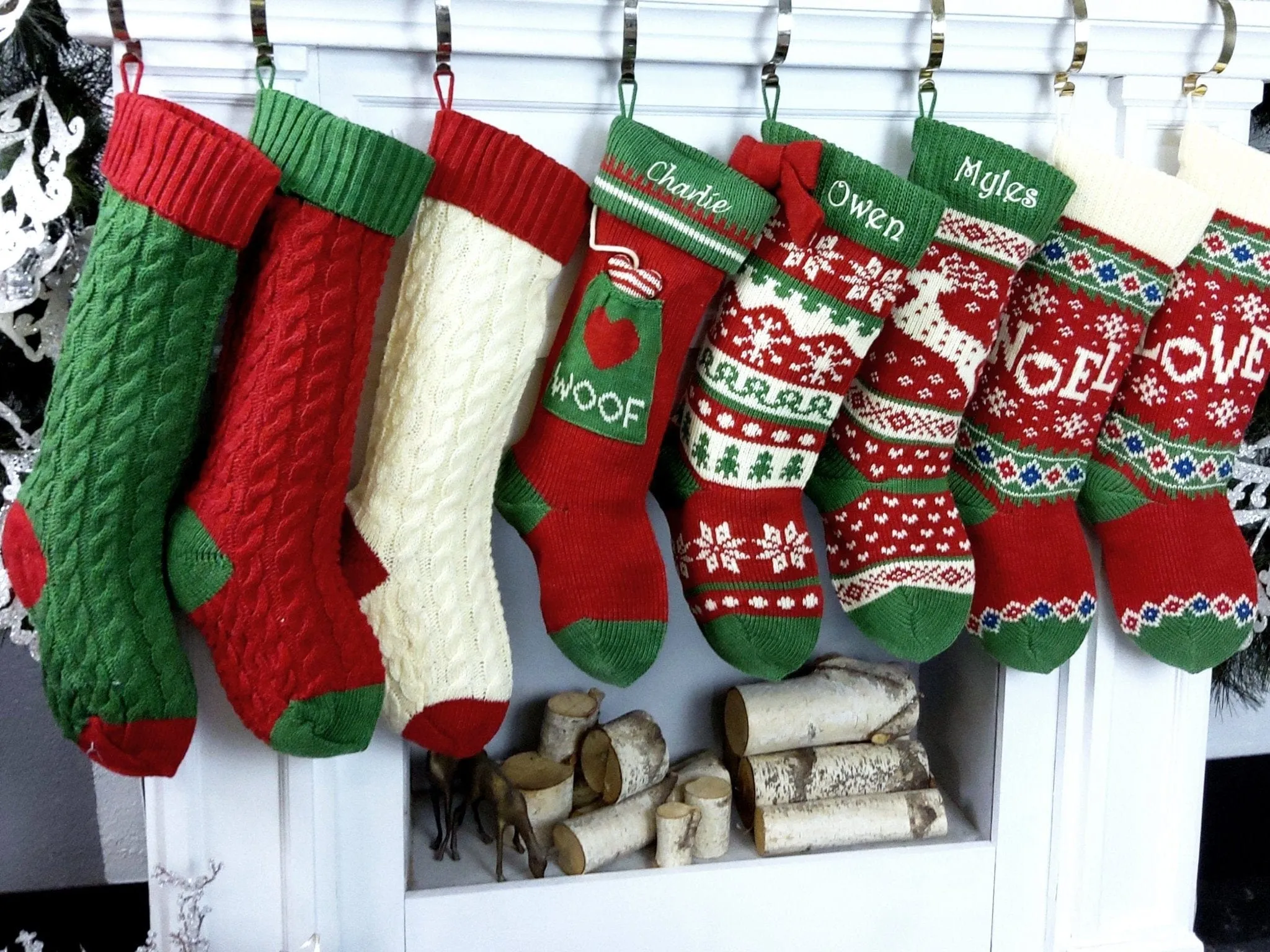 Knitted Christmas Stockings Red IVORY Green Fun Snowflake Family with Pets Cat Mouse Meow and Dog Bone Woof Knit Personalized Embroidered