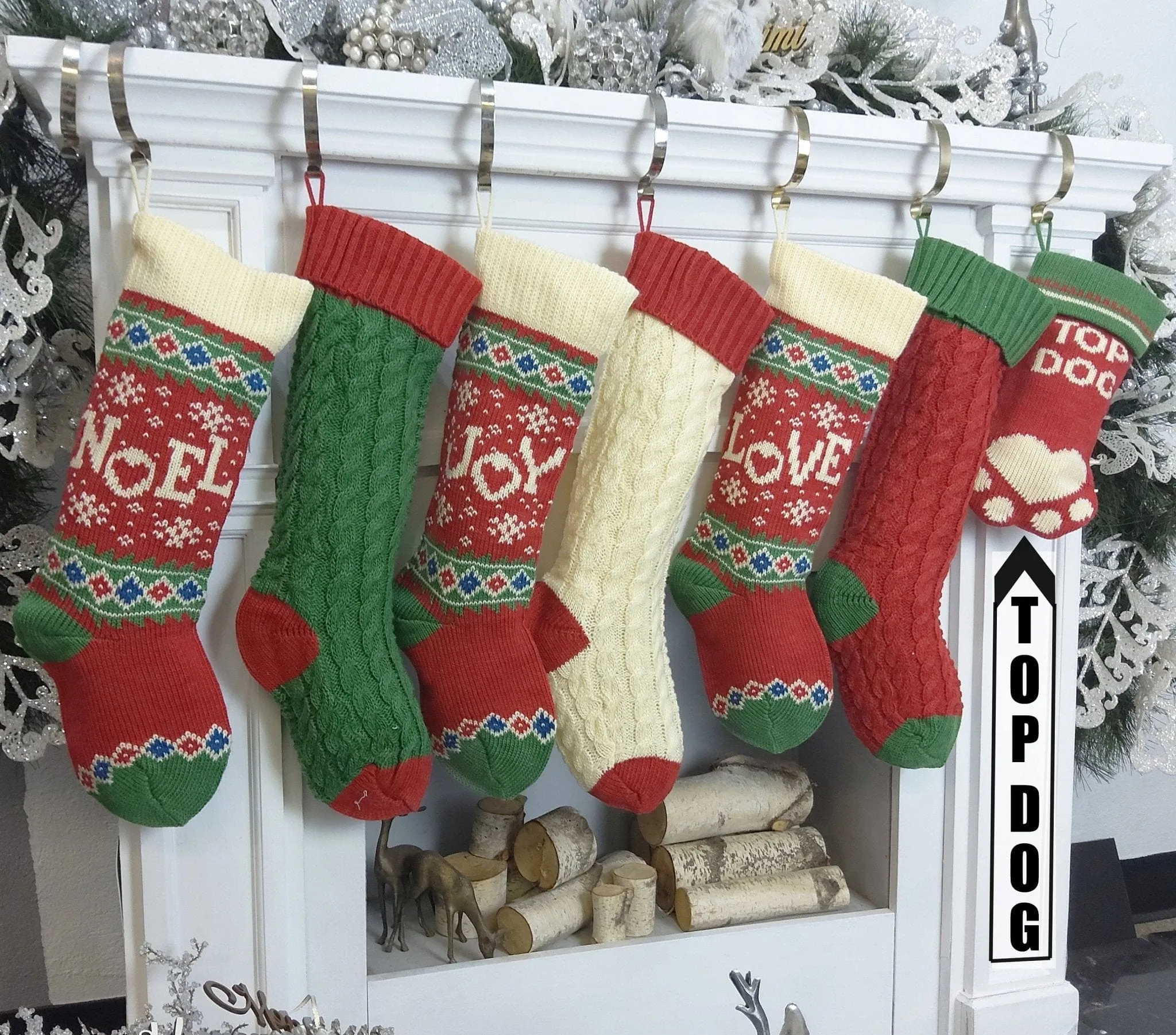 Knitted Christmas Stockings Red IVORY Green Fun Snowflake Family with Pets Cat Mouse Meow and Dog Bone Woof Knit Personalized Embroidered