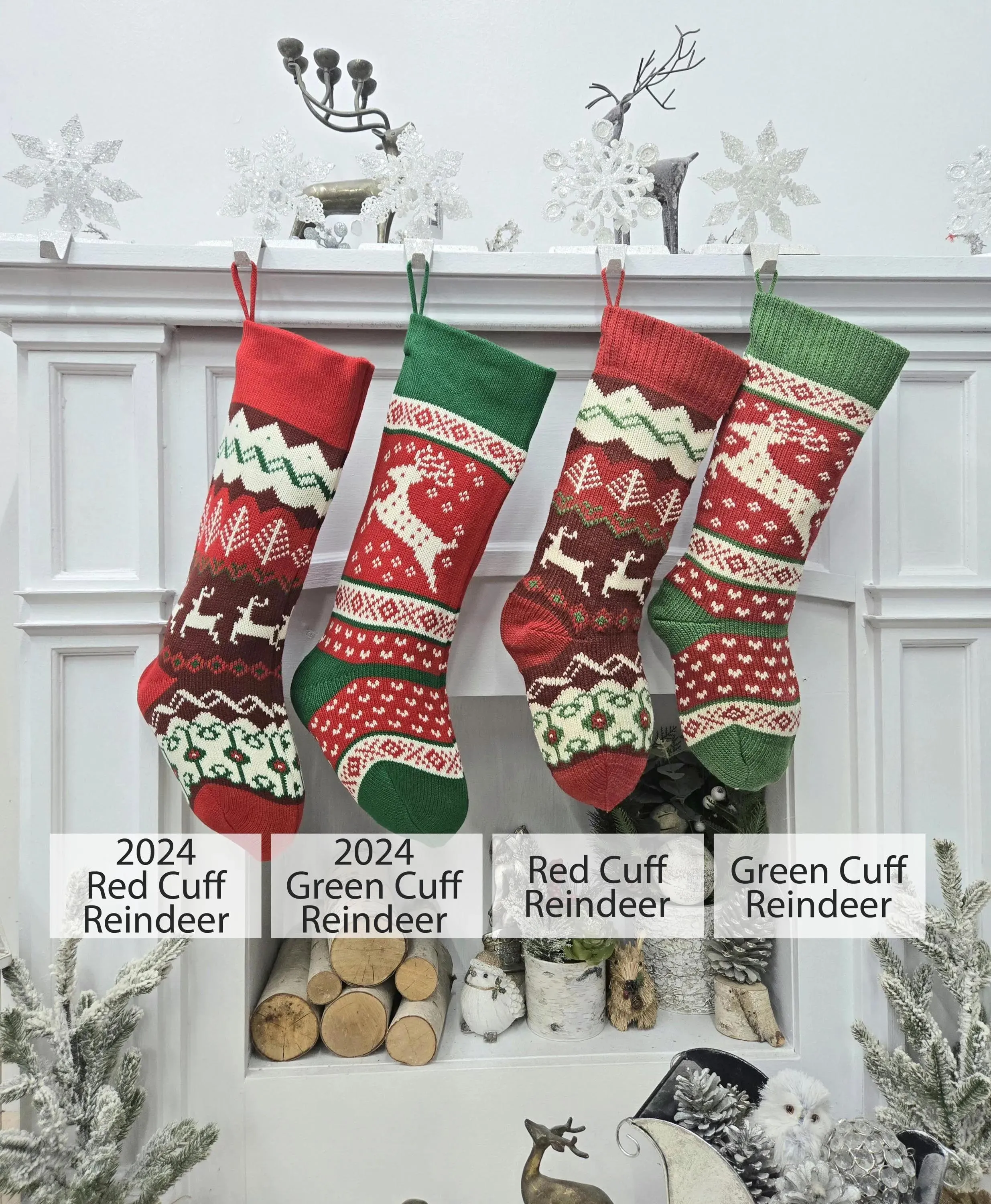 Knitted Christmas Stockings Red IVORY Green Fun Snowflake Family with Pets Cat Mouse Meow and Dog Bone Woof Knit Personalized Embroidered