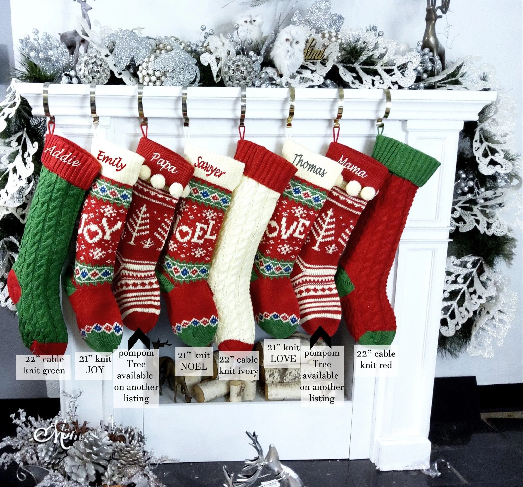 Knitted Christmas Stockings Red IVORY Green Fun Snowflake Family with Pets Cat Mouse Meow and Dog Bone Woof Knit Personalized Embroidered