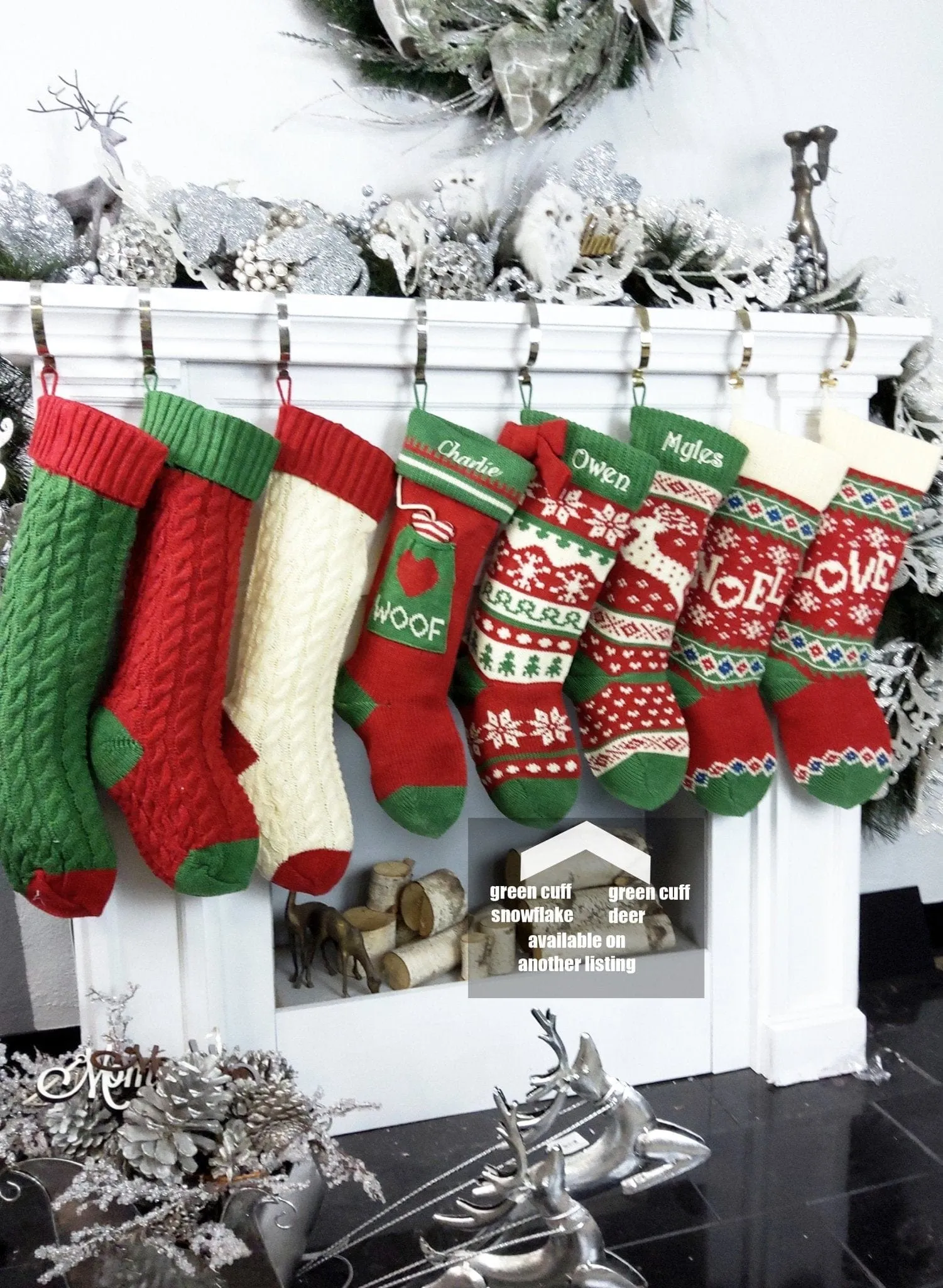 Knitted Christmas Stockings Red IVORY Green Fun Snowflake Family with Pets Cat Mouse Meow and Dog Bone Woof Knit Personalized Embroidered