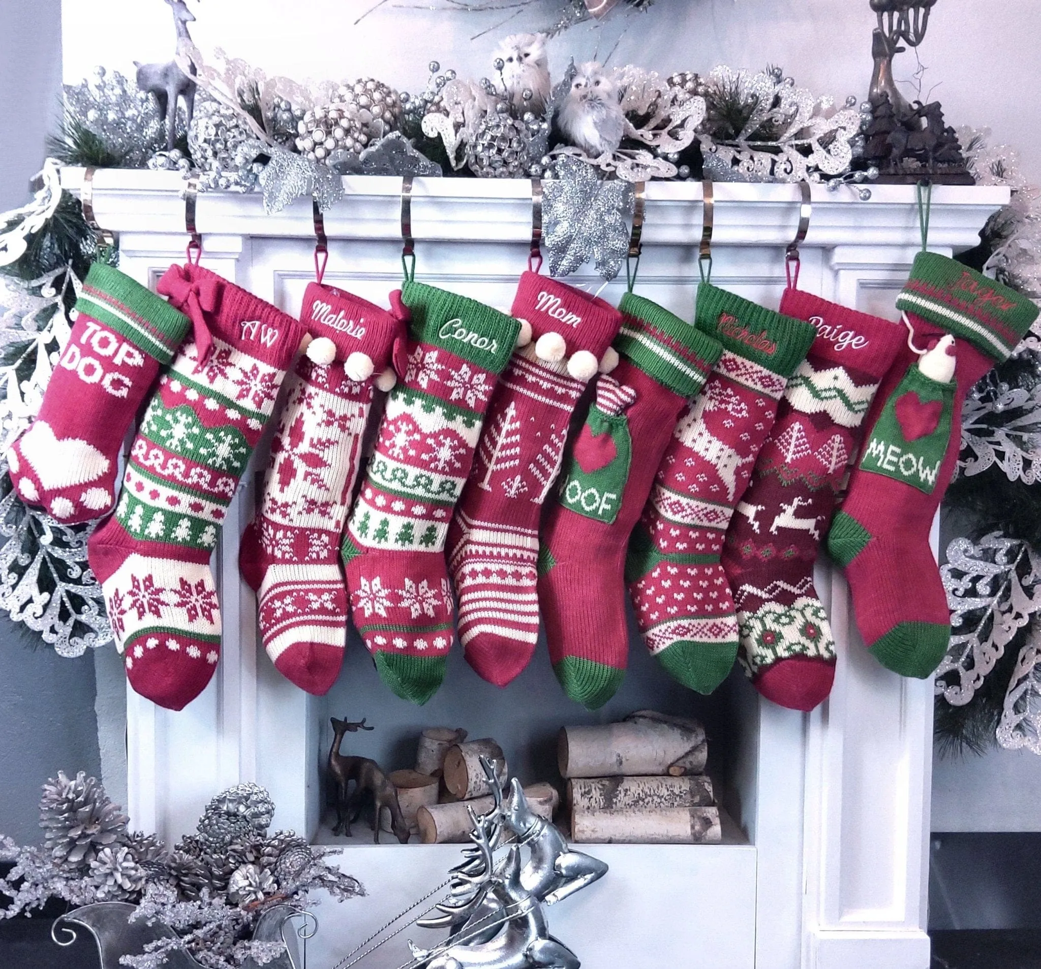 Knitted Christmas Stockings Red IVORY Green Fun Snowflake Family with Pets Cat Mouse Meow and Dog Bone Woof Knit Personalized Embroidered