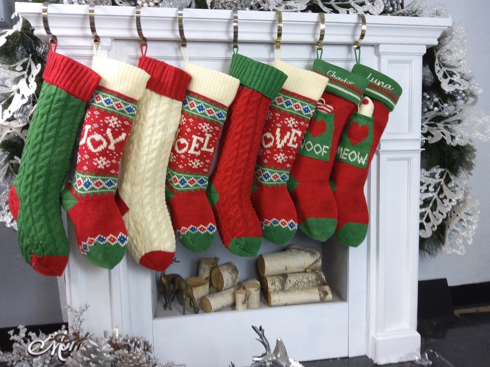 Knitted Christmas Stockings Red IVORY Green Fun Snowflake Family with Pets Cat Mouse Meow and Dog Bone Woof Knit Personalized Embroidered