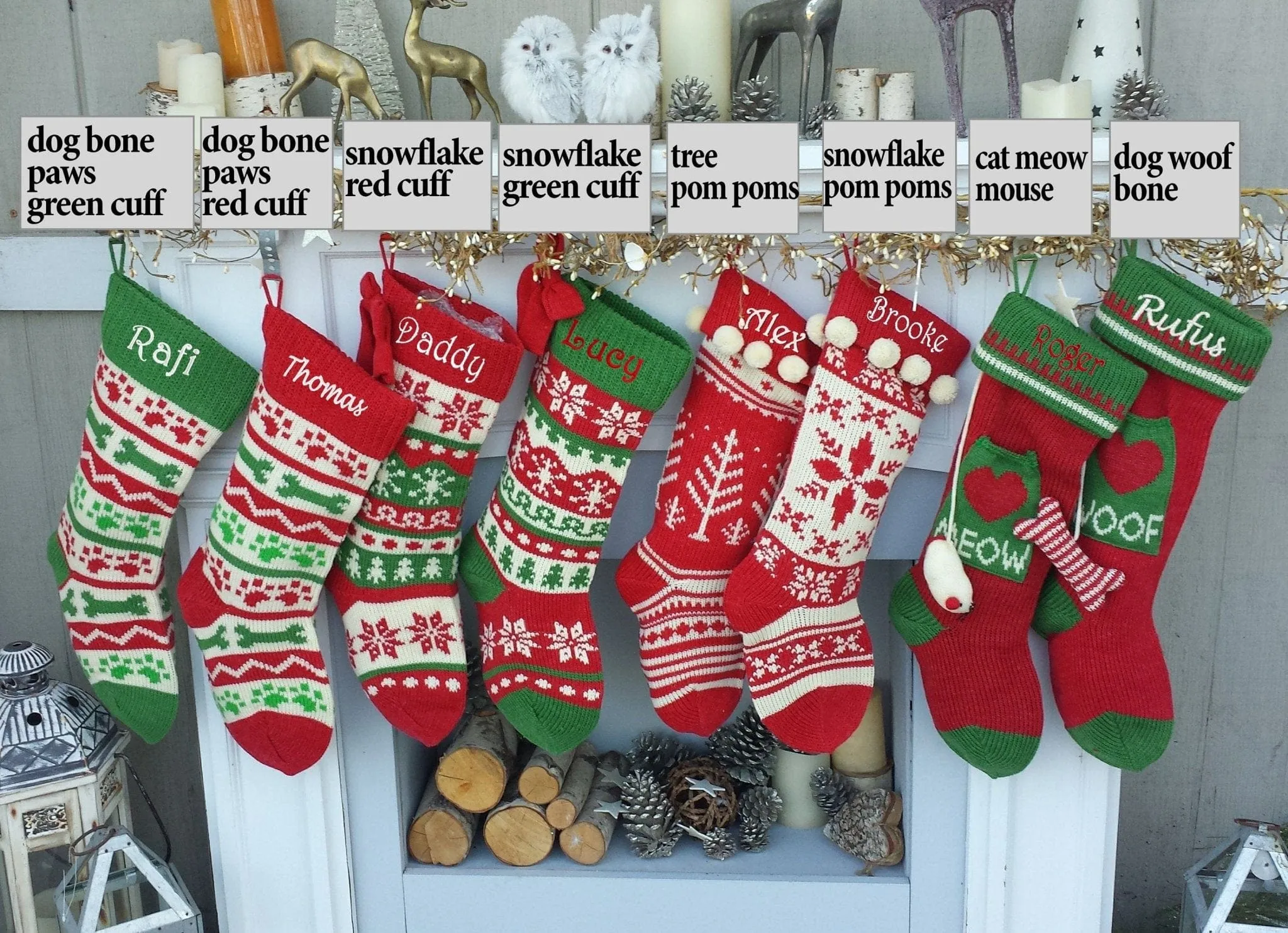 Knitted Christmas Stockings Red IVORY Green Fun Snowflake Family with Pets Cat Mouse Meow and Dog Bone Woof Knit Personalized Embroidered