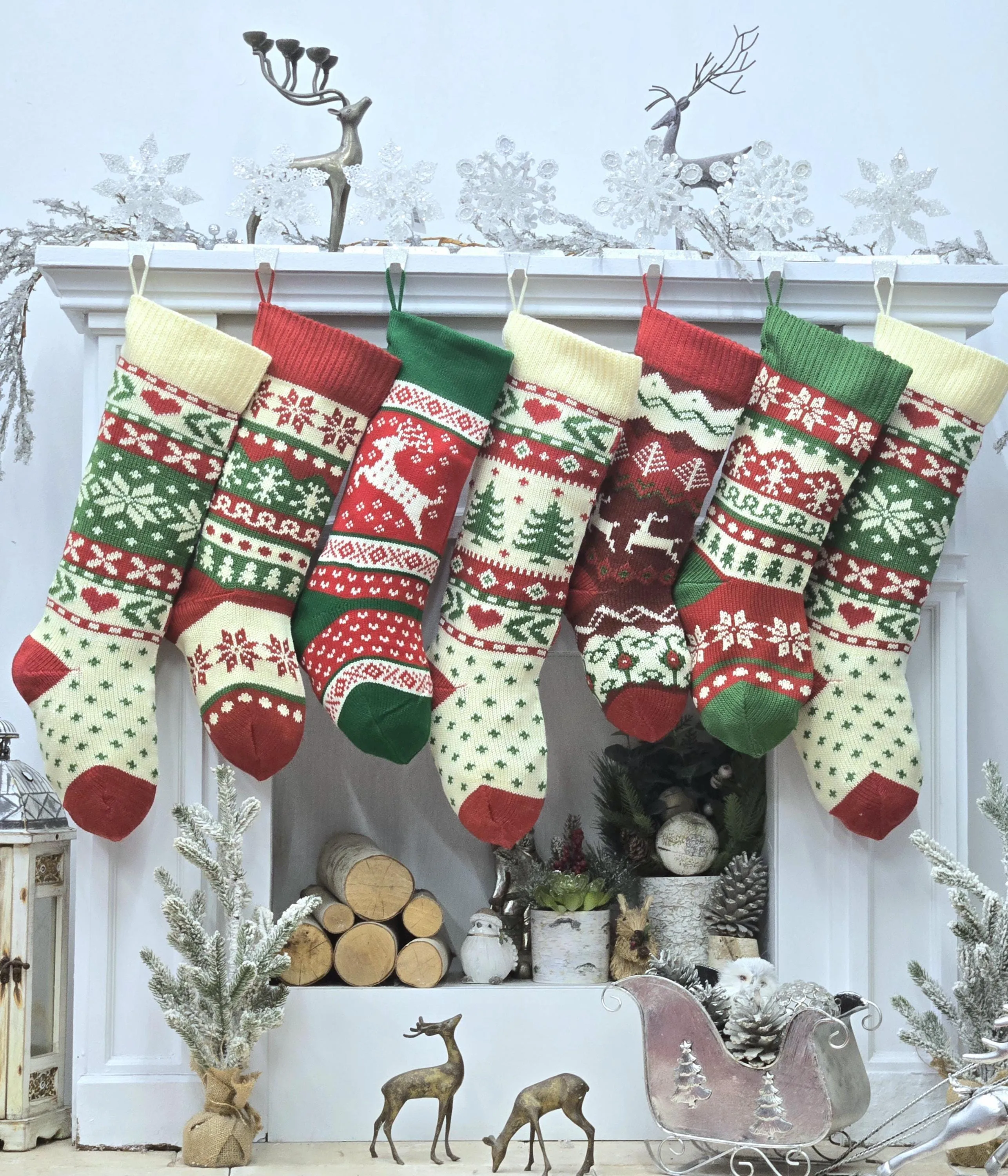 Knitted Ivory Christmas Stockings with Red Green knit Snowflake Tree Heart Fun Festive Family Designs Personalized Embroidered Name