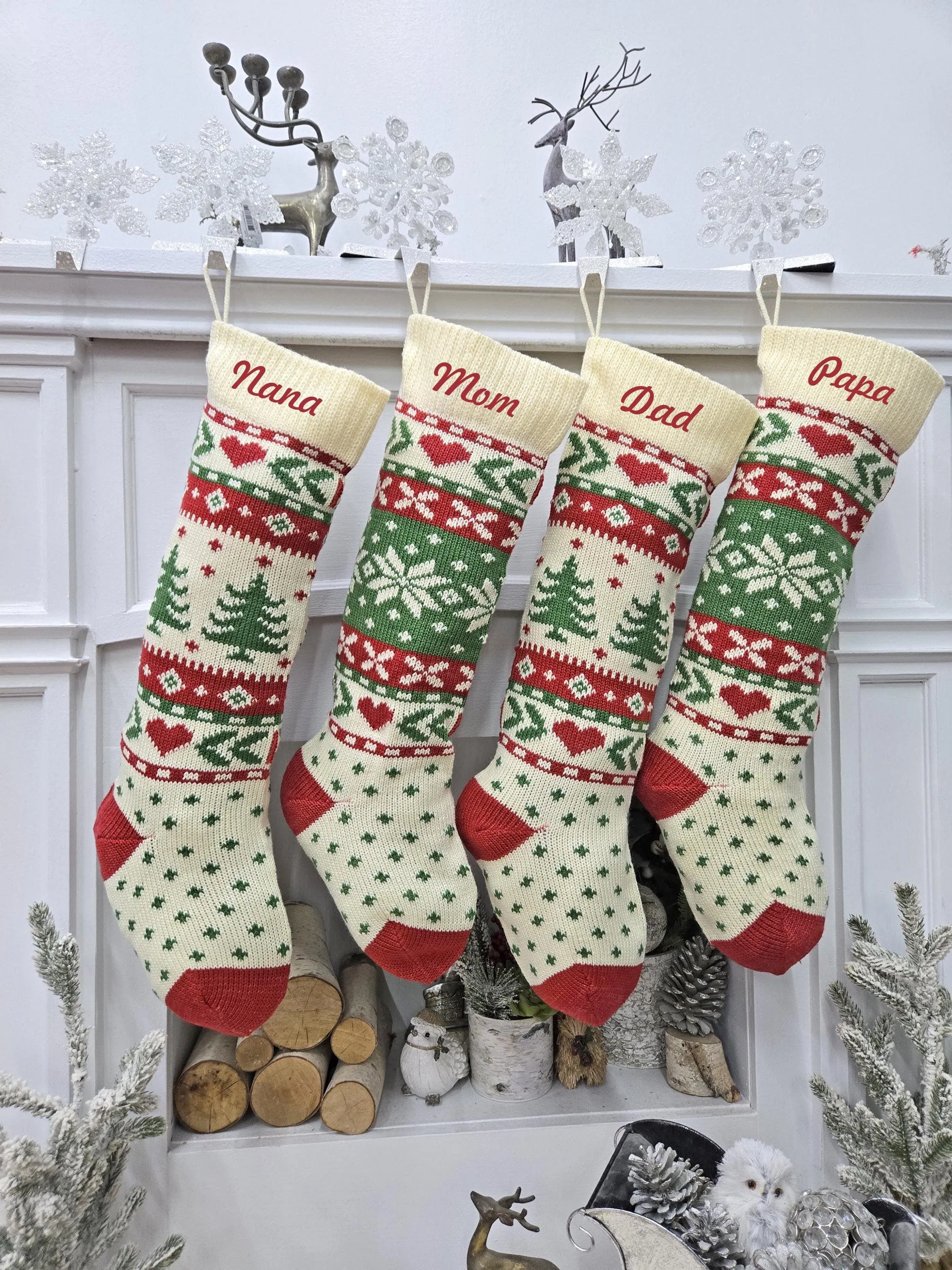 Knitted Ivory Christmas Stockings with Red Green knit Snowflake Tree Heart Fun Festive Family Designs Personalized Embroidered Name