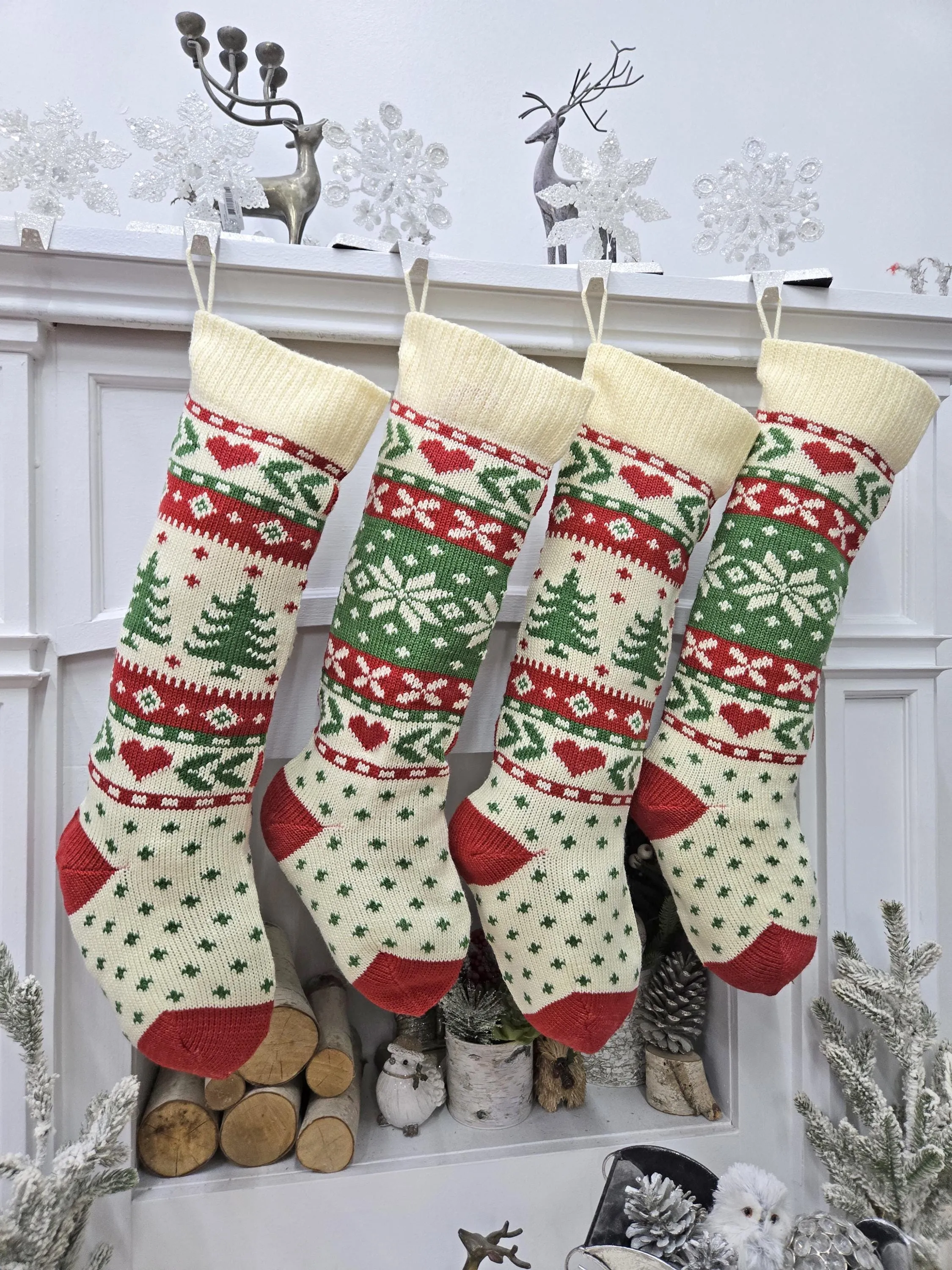 Knitted Ivory Christmas Stockings with Red Green knit Snowflake Tree Heart Fun Festive Family Designs Personalized Embroidered Name