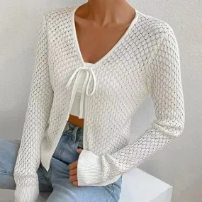 Lace-Up Knit Cardigan White