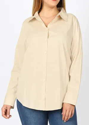 Long Sleeved Stretch Button Up Blouse in Tan