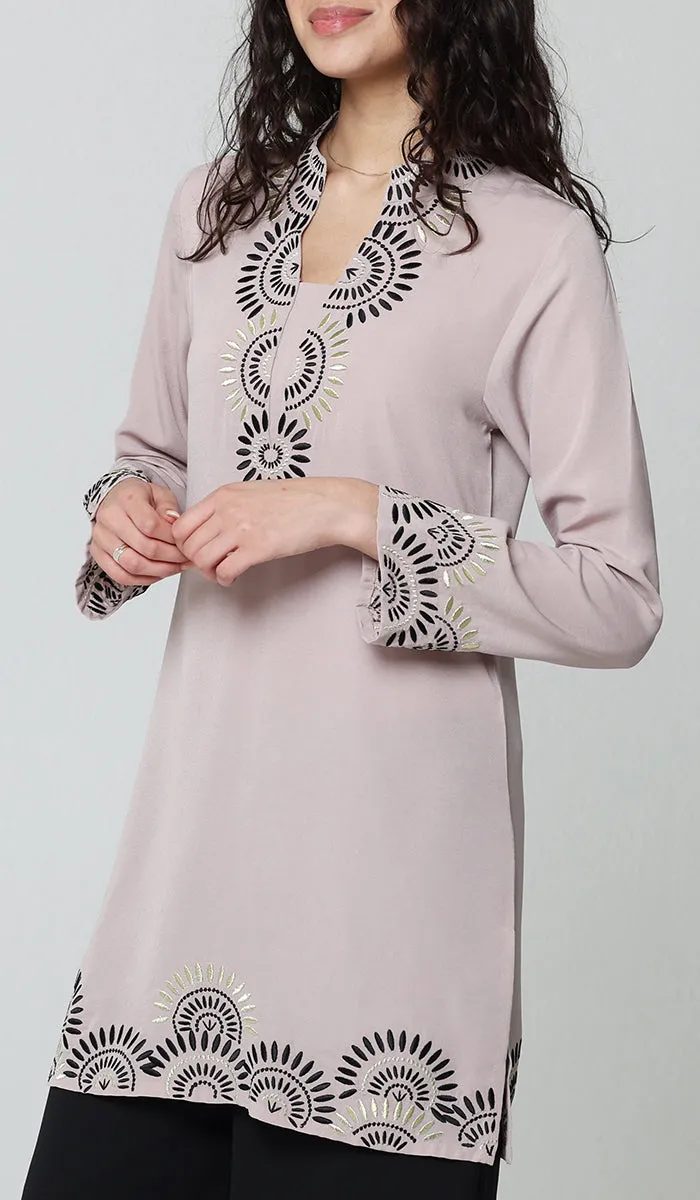 Maha Gold  Embellished Long Modest Tunic - Blush