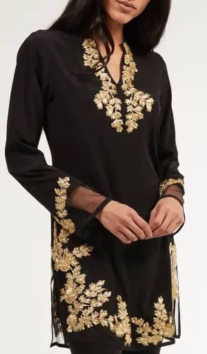 Mahnaz Gold Embellished Long Modest Tunic - Black - PREORDER (ships in 2 weeks)