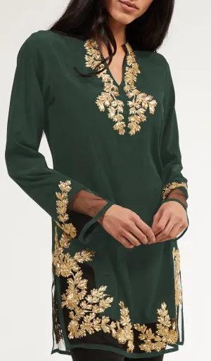 Mahnaz Gold Embellished Long Modest Tunic - Emerald - PREORDER (ships in 2 weeks)