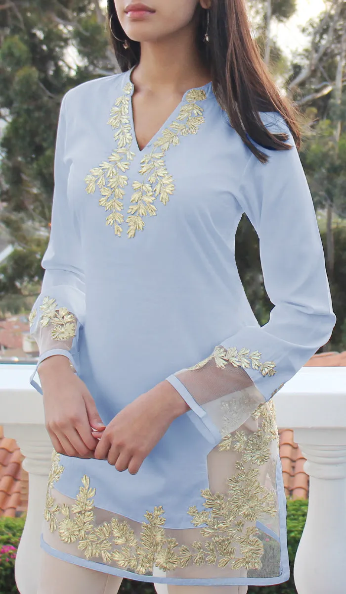 Mahnaz Gold Embellished Long Modest Tunic - Powder Blue