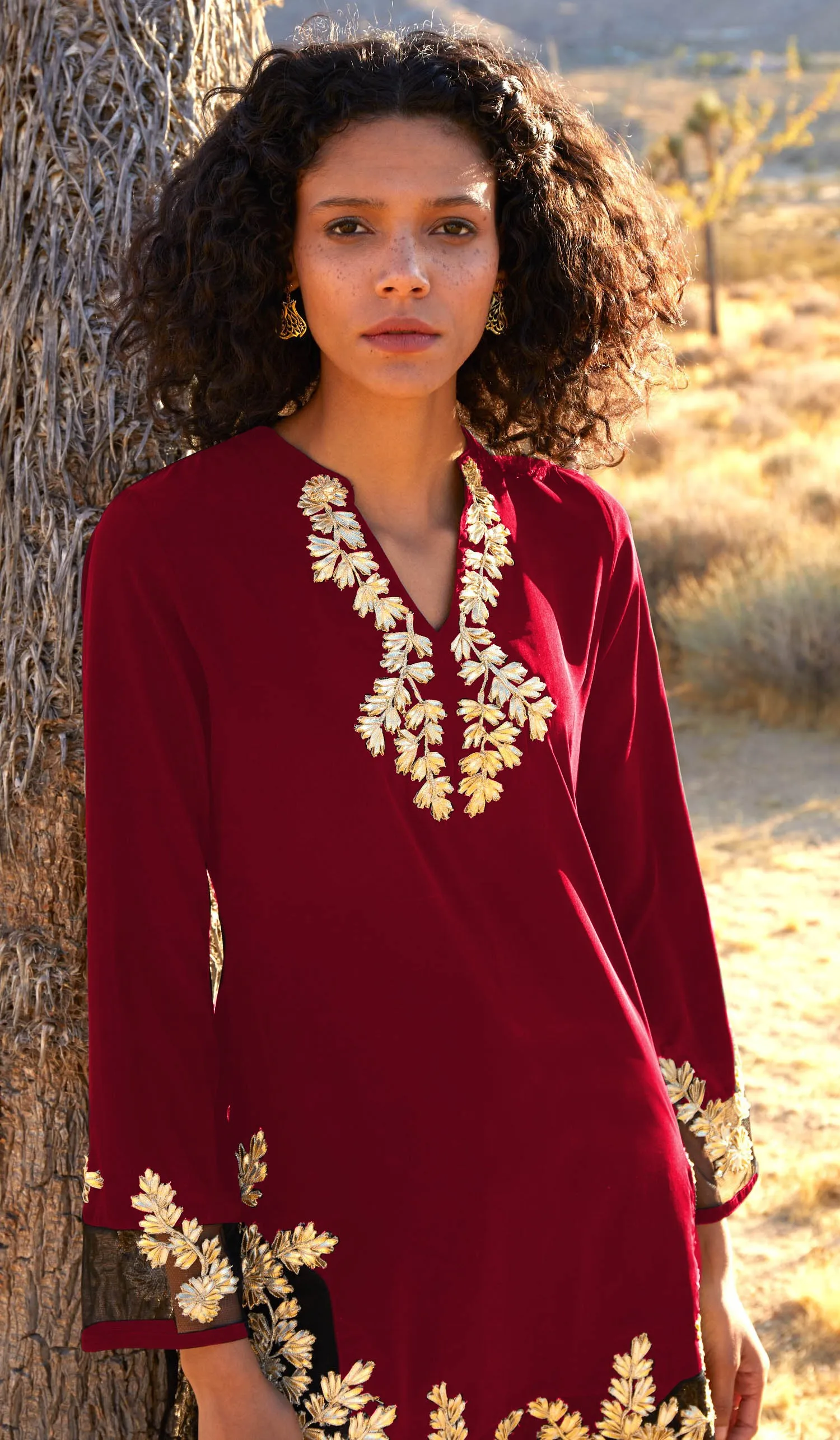 Mahnaz Gold Embellished Long Modest Tunic - Ruby - PREORDER (ships in 2 weeks)