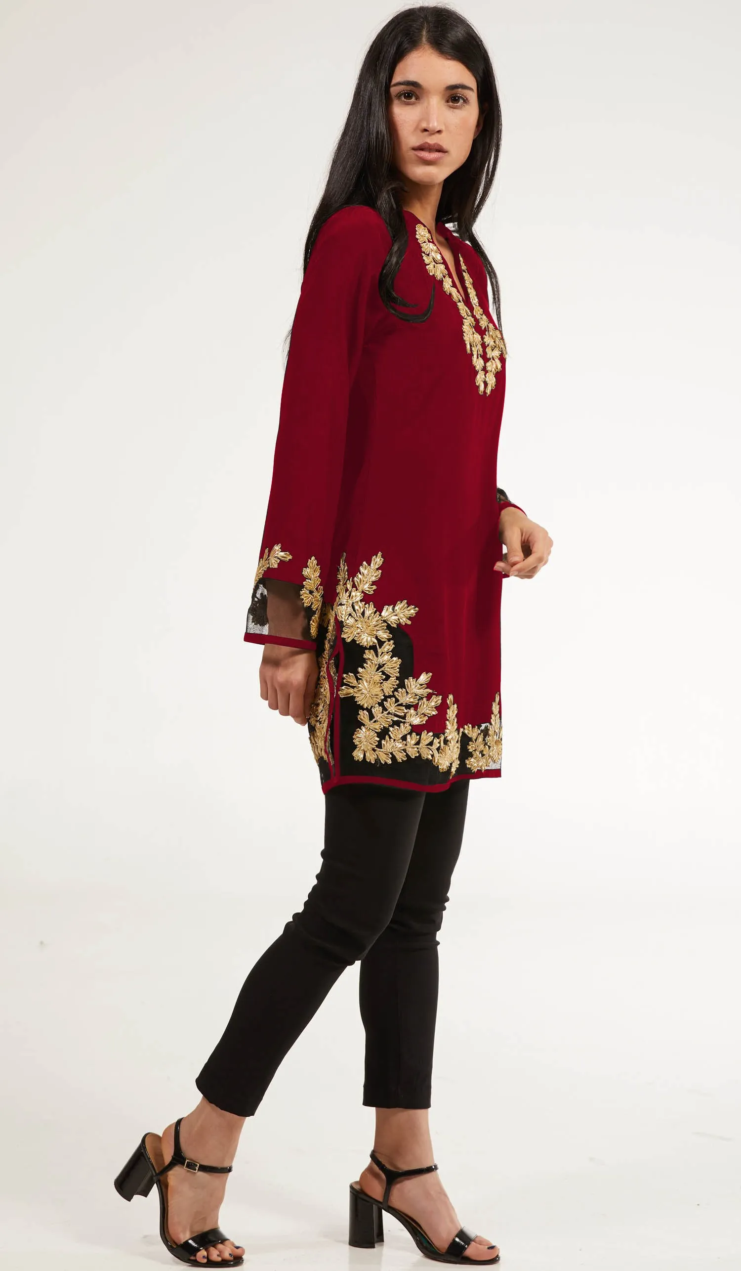 Mahnaz Gold Embellished Long Modest Tunic - Ruby - PREORDER (ships in 2 weeks)