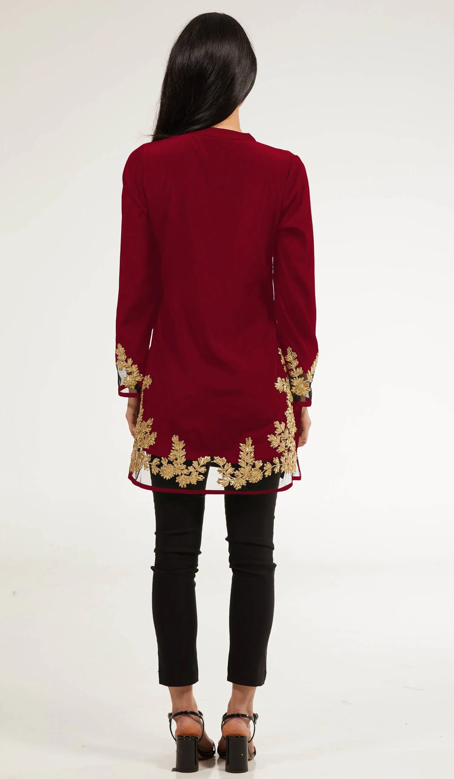 Mahnaz Gold Embellished Long Modest Tunic - Ruby - PREORDER (ships in 2 weeks)