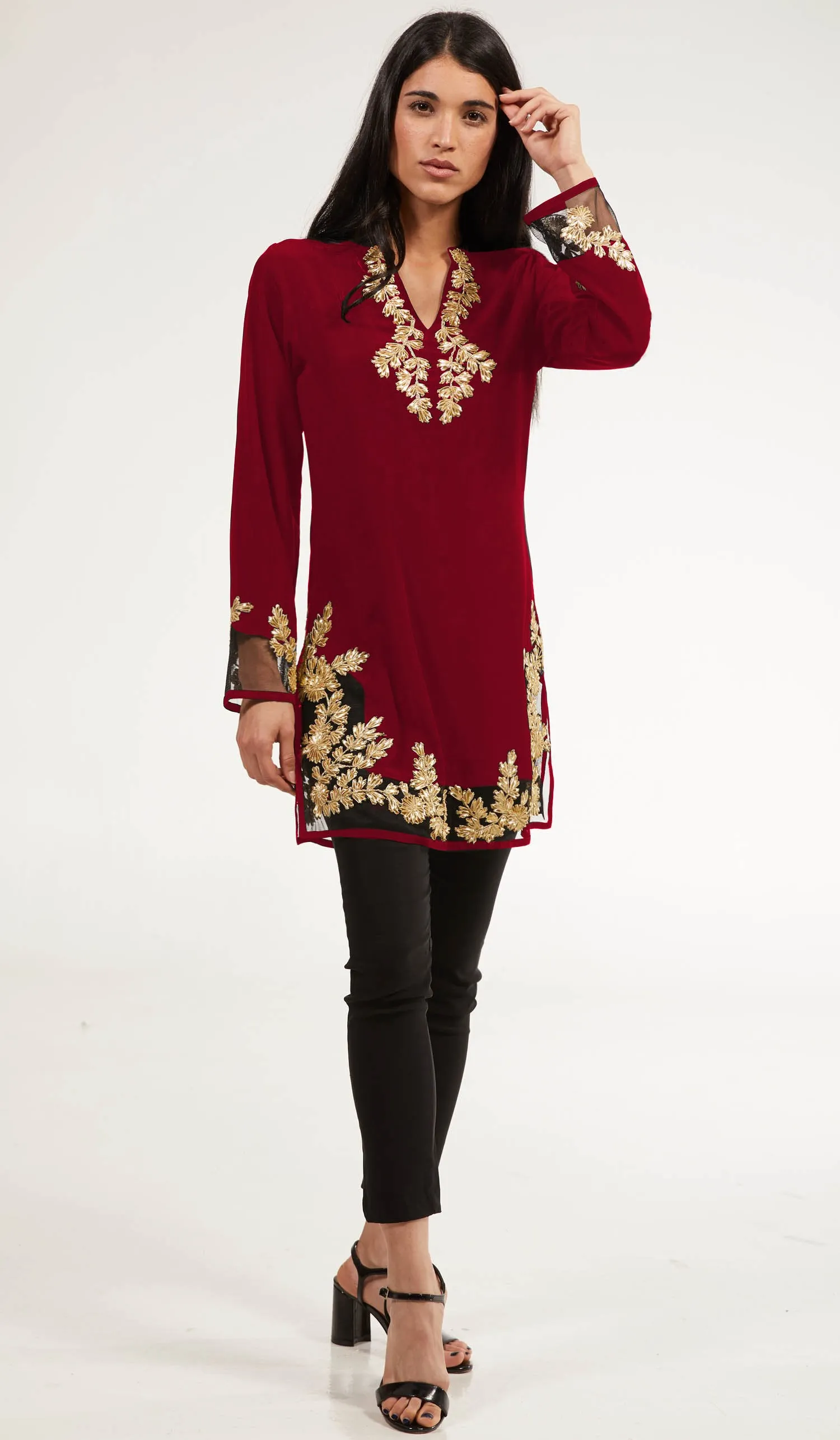 Mahnaz Gold Embellished Long Modest Tunic - Ruby - PREORDER (ships in 2 weeks)