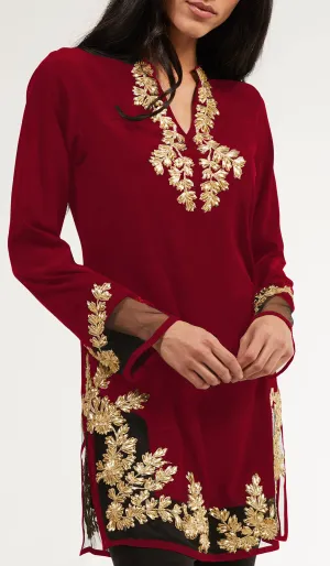 Mahnaz Gold Embellished Long Modest Tunic - Ruby - PREORDER (ships in 2 weeks)