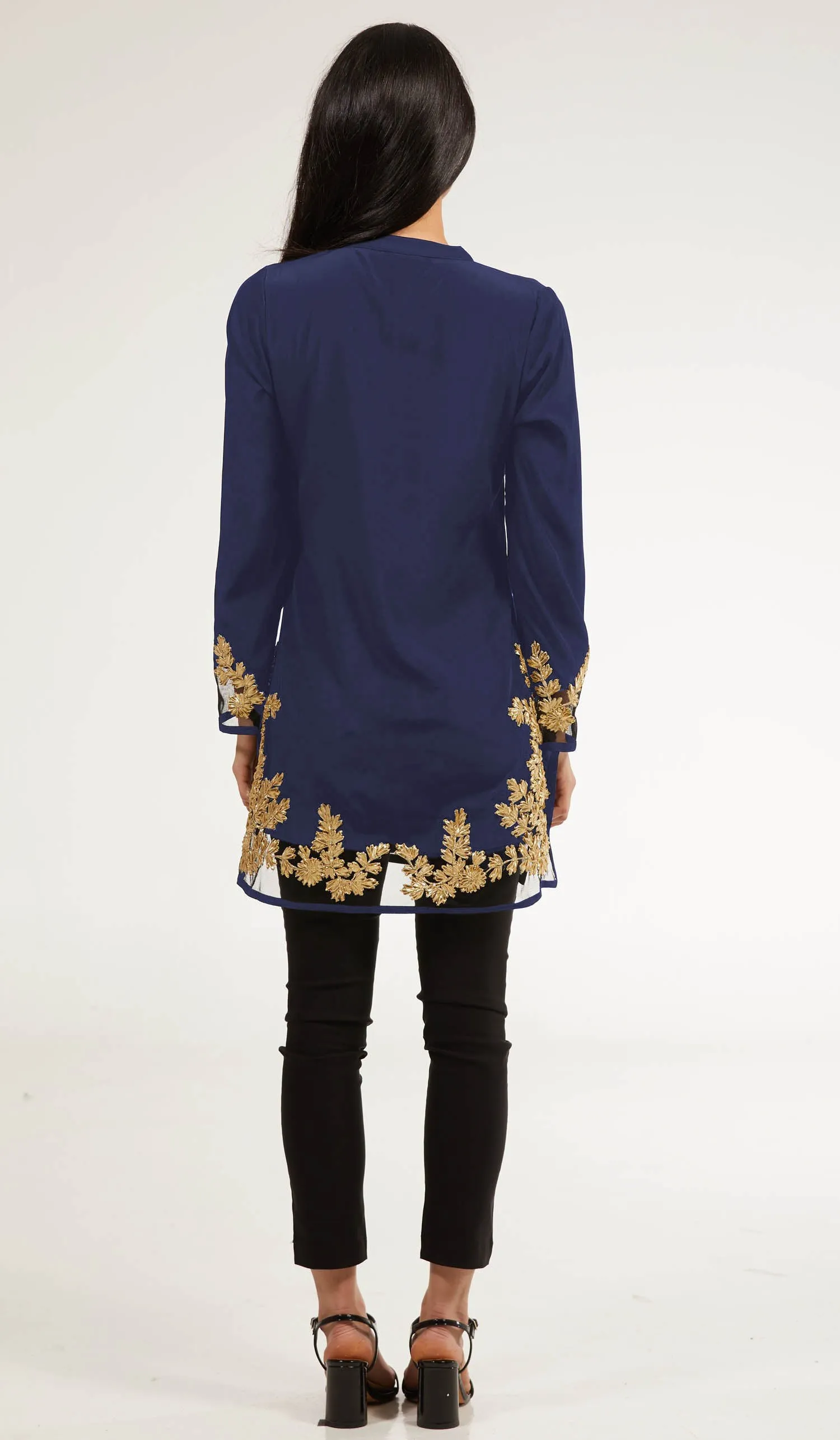 Mahnaz Gold Embellished Long Modest Tunic - Sapphire - PREORDER (ships in 2 weeks)