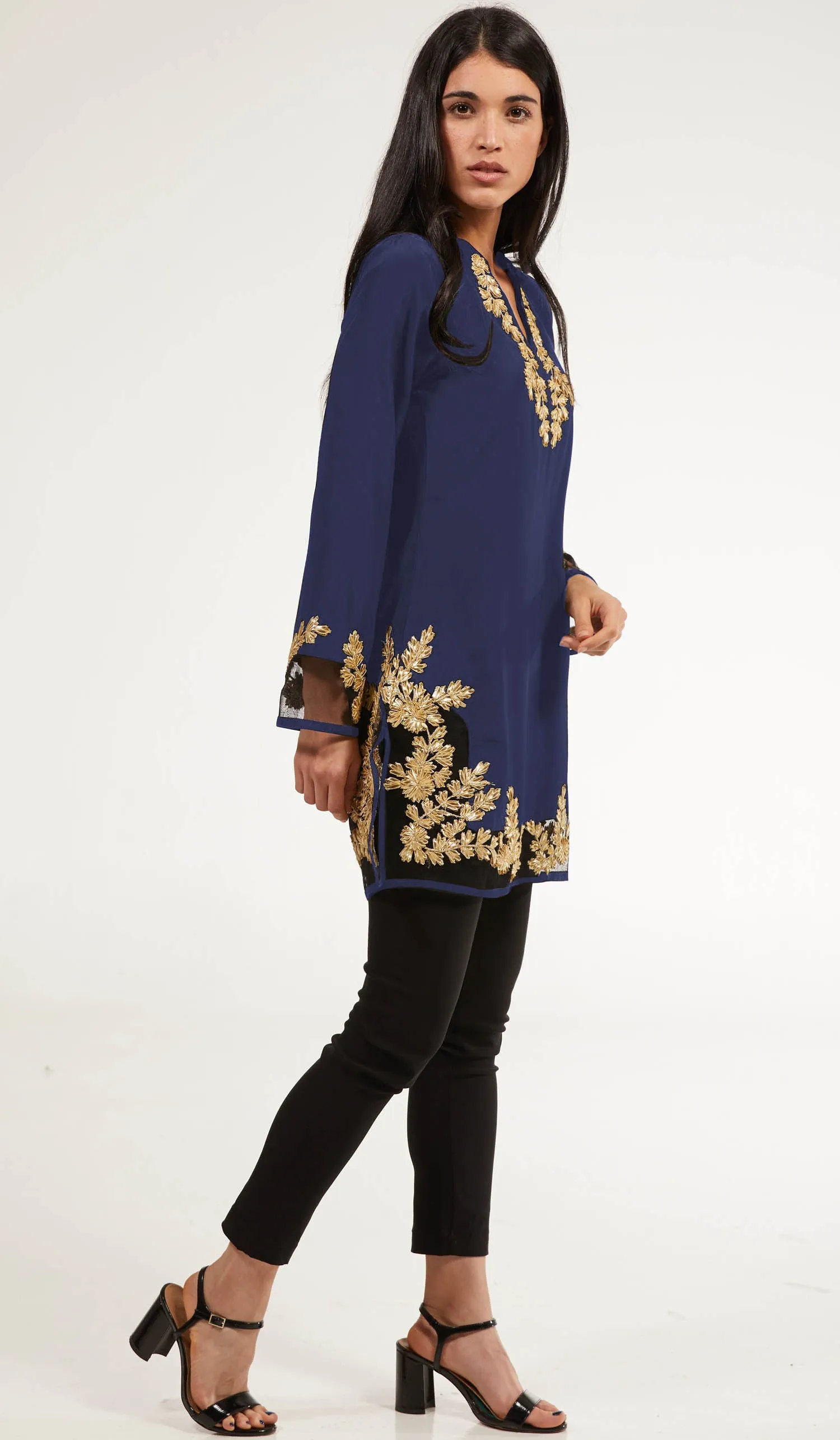 Mahnaz Gold Embellished Long Modest Tunic - Sapphire - PREORDER (ships in 2 weeks)