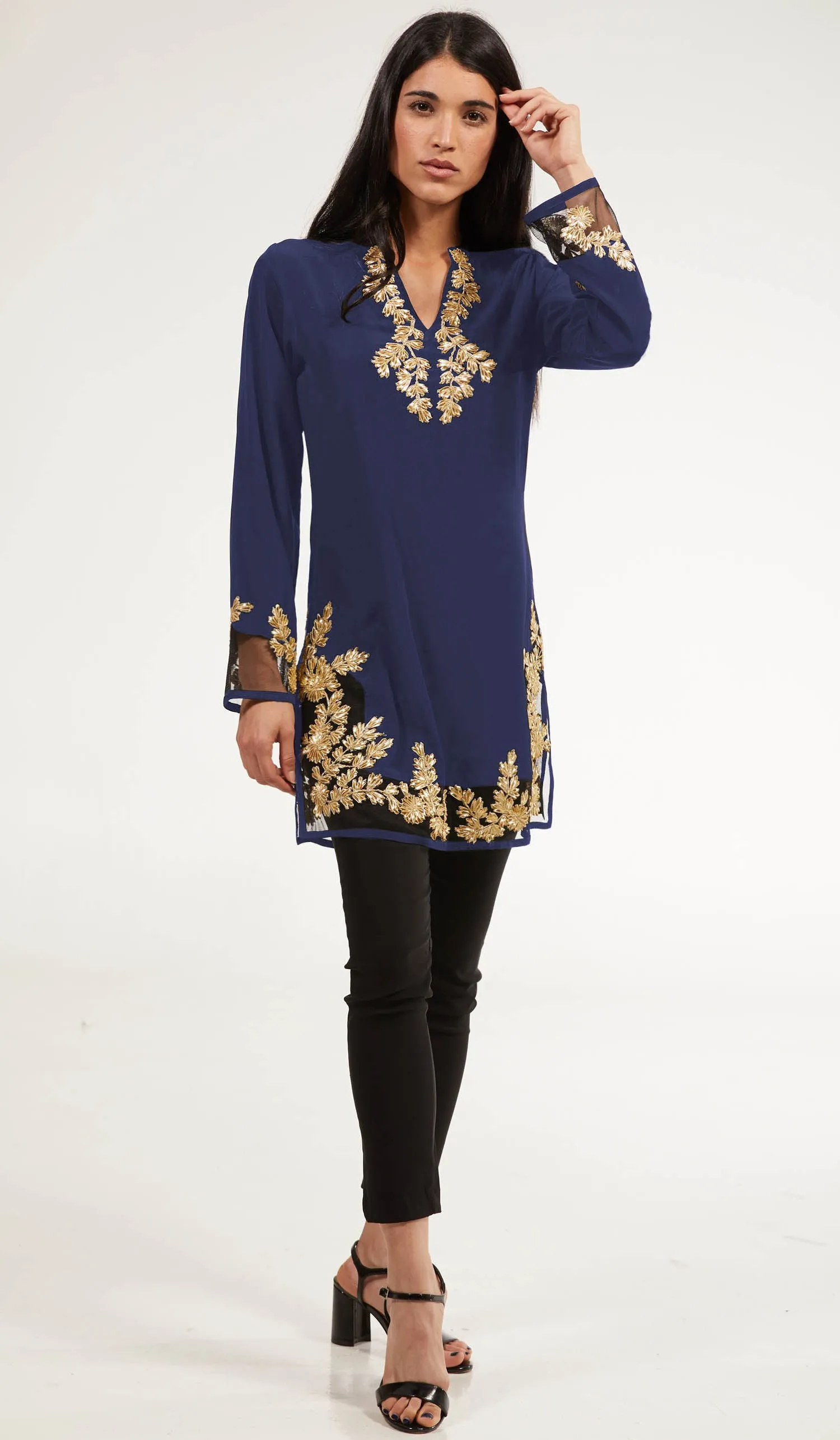 Mahnaz Gold Embellished Long Modest Tunic - Sapphire - PREORDER (ships in 2 weeks)