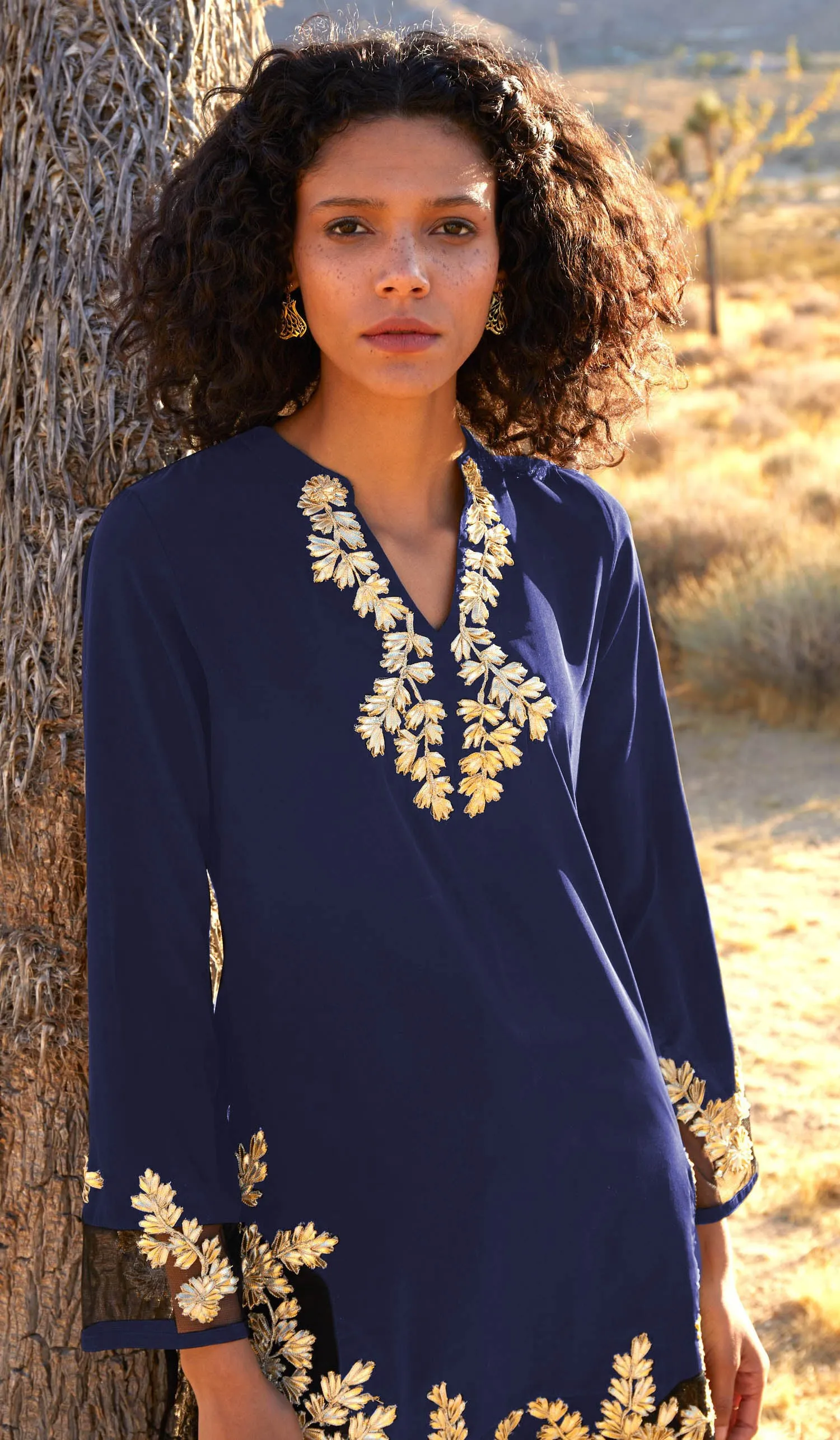 Mahnaz Gold Embellished Long Modest Tunic - Sapphire - PREORDER (ships in 2 weeks)