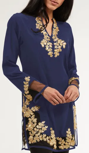 Mahnaz Gold Embellished Long Modest Tunic - Sapphire - PREORDER (ships in 2 weeks)