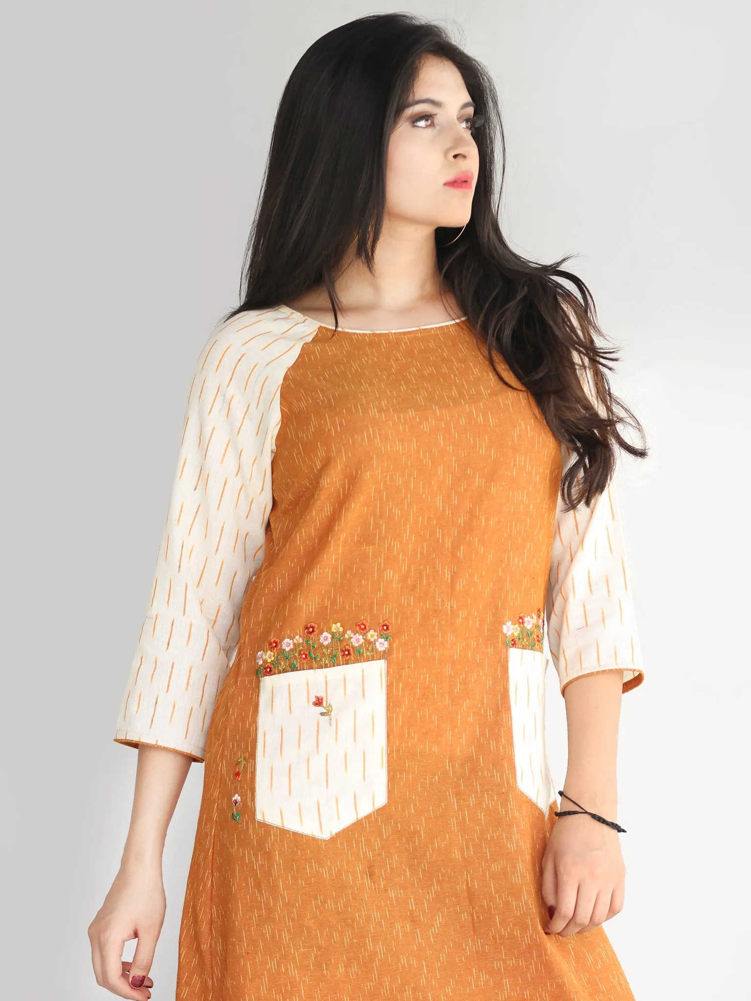 Meerab - Handwoven Ikat Tunic Cotton Dress With Embroidery - D416F1464