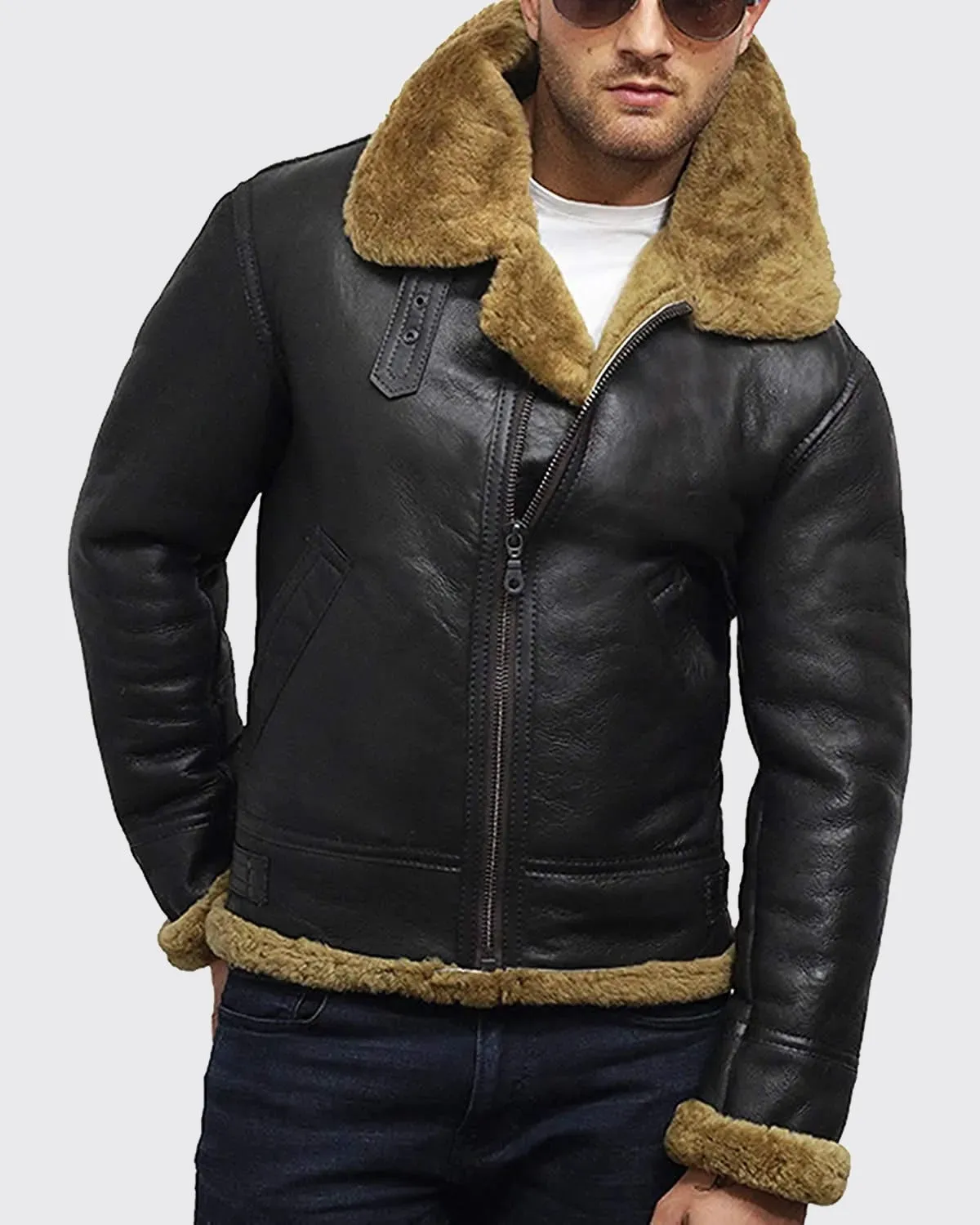 Men's Brown Sheepskin Shearling Jacket - B3 Aviator Flying Jacket