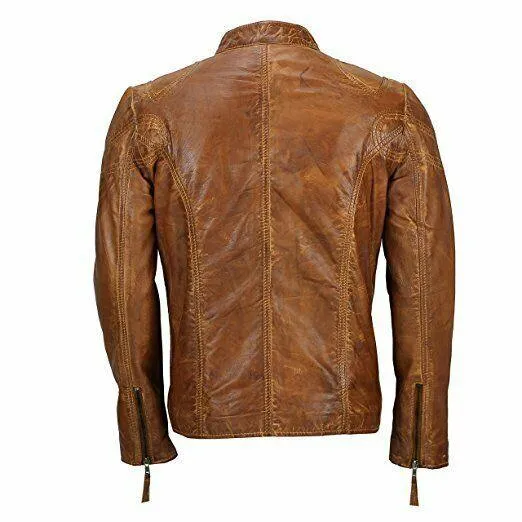 Men's Cafe Racer Biker Vintage Motorcycle Brown Distressed 100% Genuine Cowhide Leather Jacket