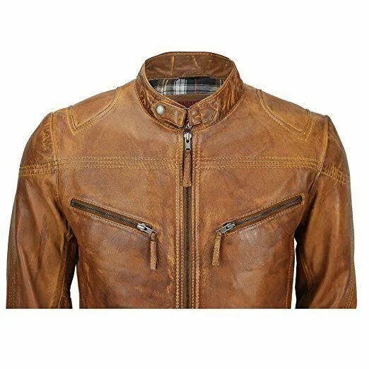 Men's Cafe Racer Biker Vintage Motorcycle Brown Distressed 100% Genuine Cowhide Leather Jacket