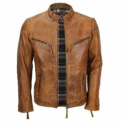 Men's Cafe Racer Biker Vintage Motorcycle Brown Distressed 100% Genuine Cowhide Leather Jacket