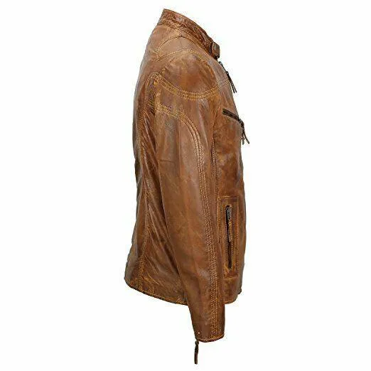 Men's Cafe Racer Biker Vintage Motorcycle Brown Distressed 100% Genuine Cowhide Leather Jacket