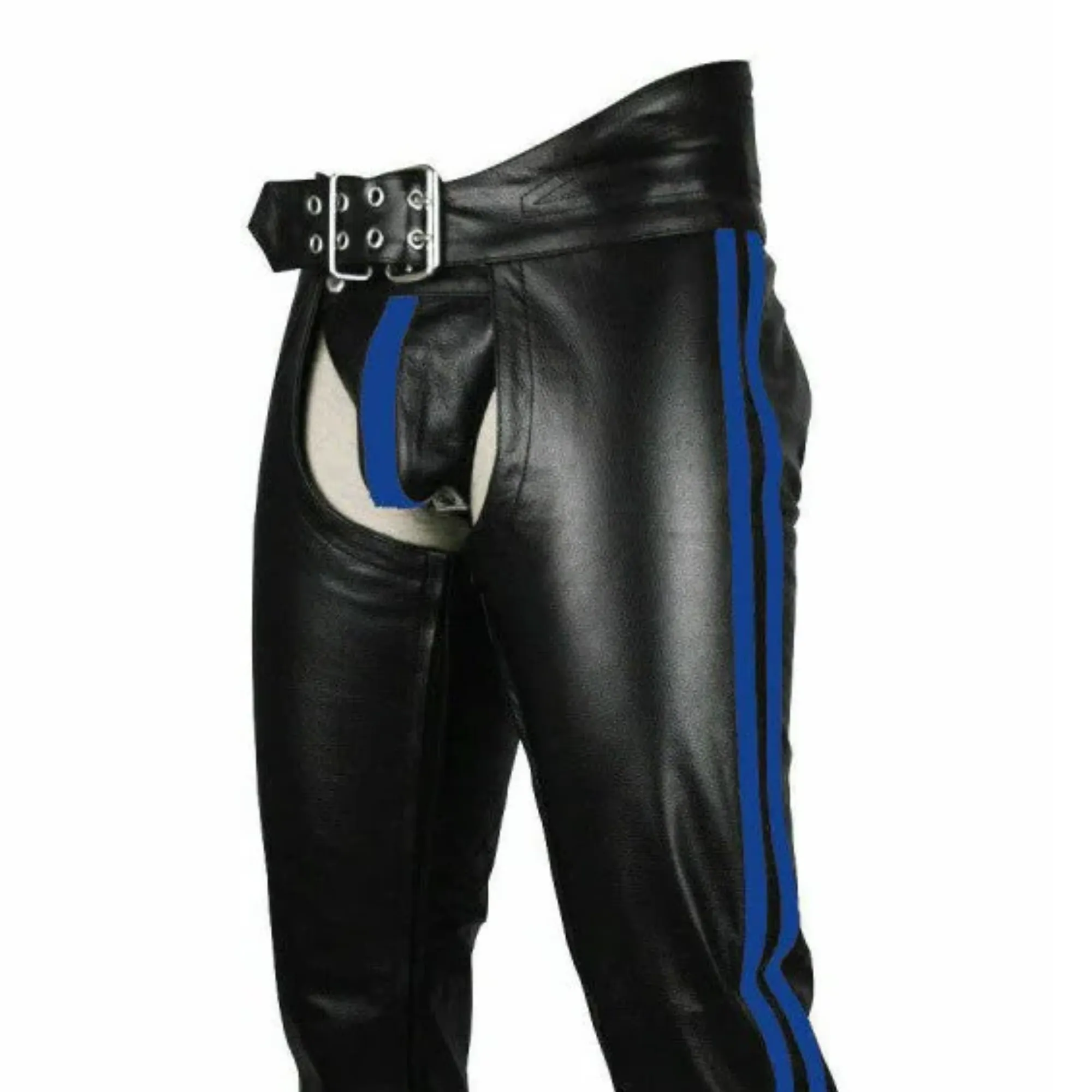 Mens Leather Chaps with Blue Stripes and Belt