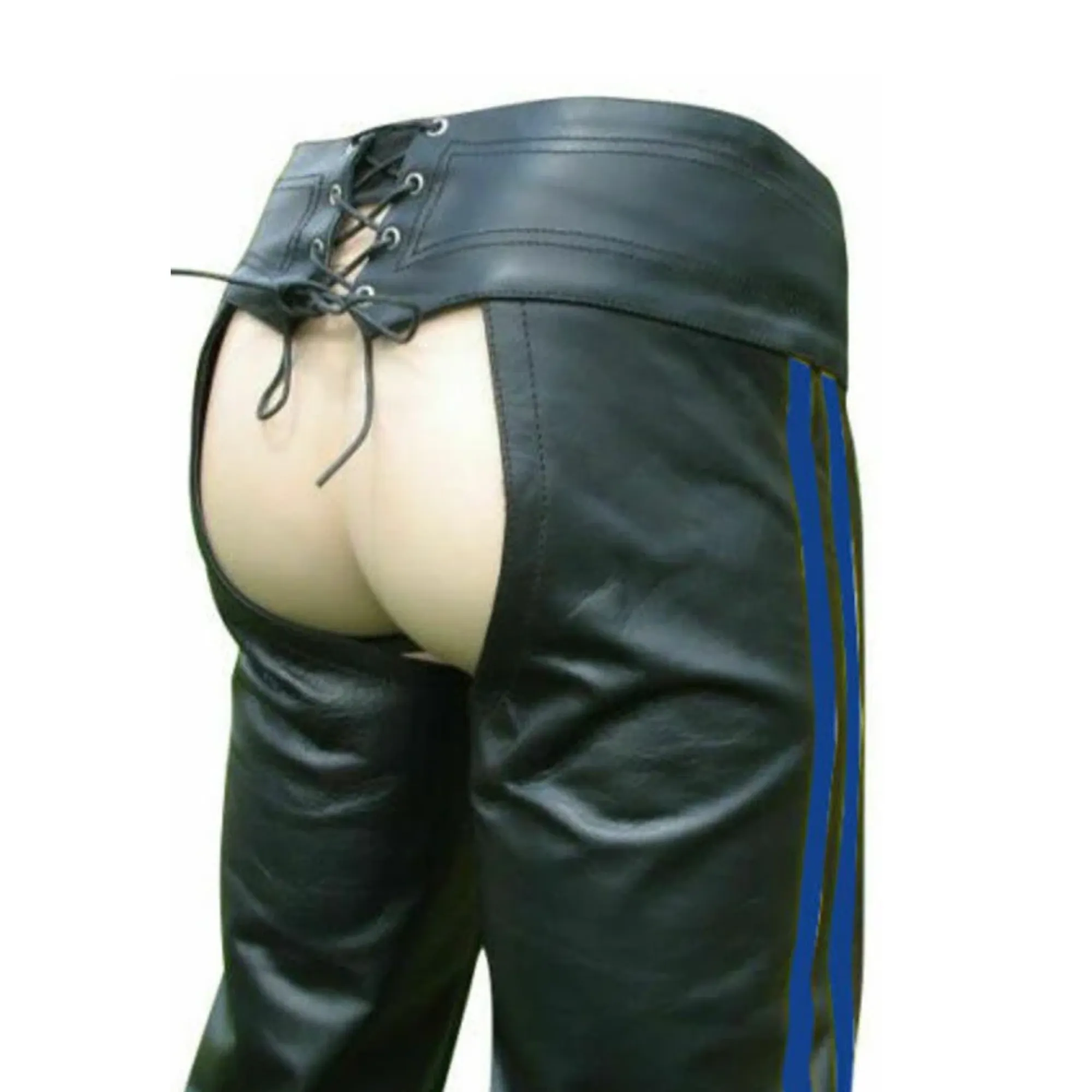 Mens Leather Chaps with Blue Stripes and Belt