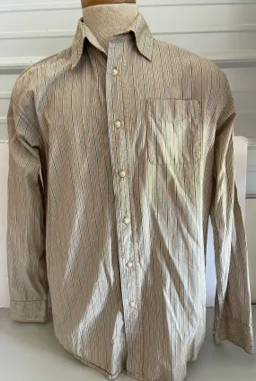 Mens Medium Wrangler Jean Company Tan Stripe Button Down 100% Cotton Long Sleeve Shirt