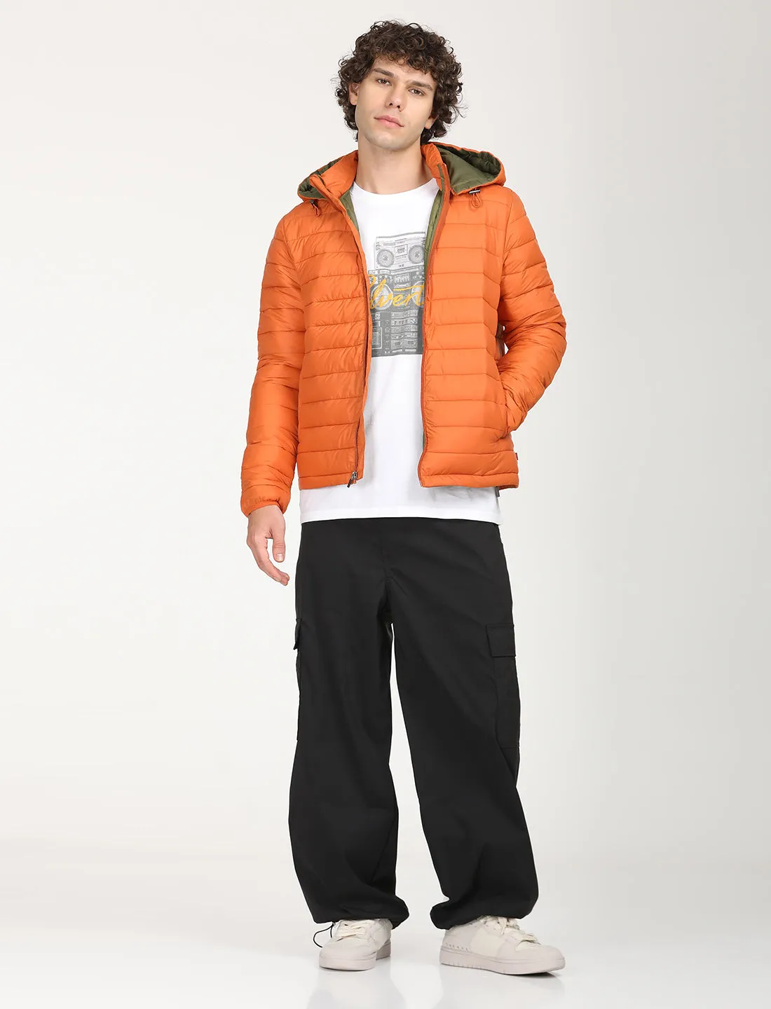 Men's Quilted Orange Hooded Puffer Jacket