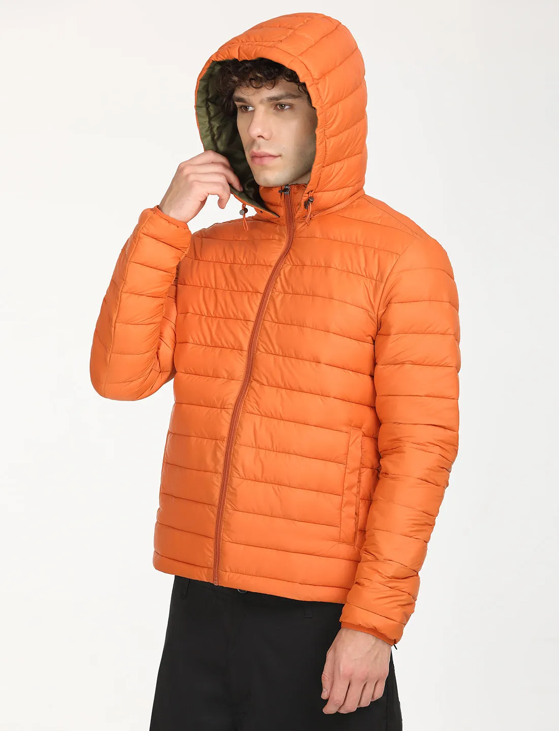 Men's Quilted Orange Hooded Puffer Jacket