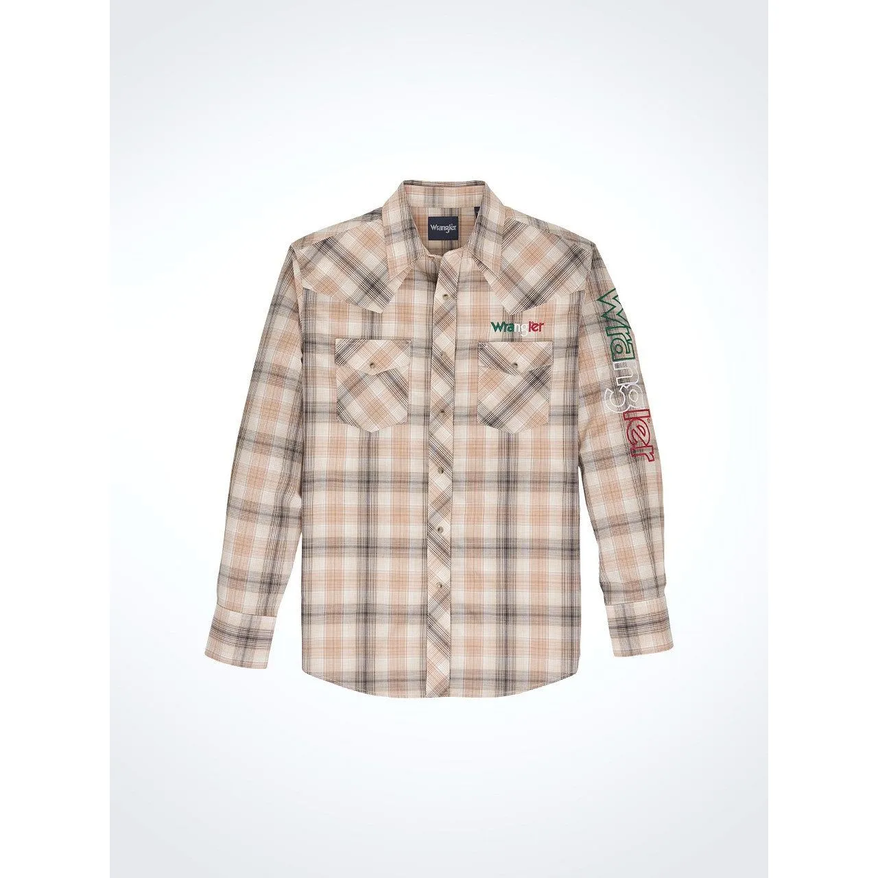 MEN'S WRANGLER LOGO MEXICO LONG SLEEVE FASHION WESTERN SNAP SHIRT IN TAN PLAID