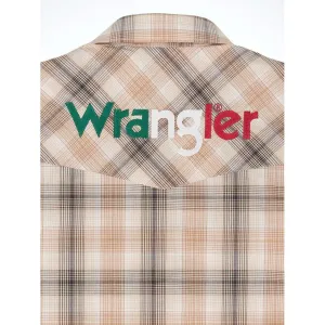 MEN'S WRANGLER LOGO MEXICO LONG SLEEVE FASHION WESTERN SNAP SHIRT IN TAN PLAID